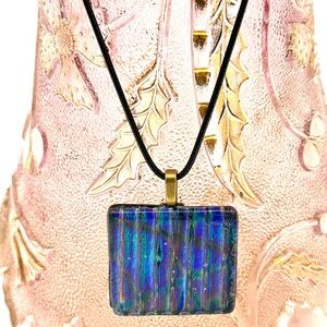 Artisan Signed/Dated Iridescent Pendent Necklace Blues/Purples/Black